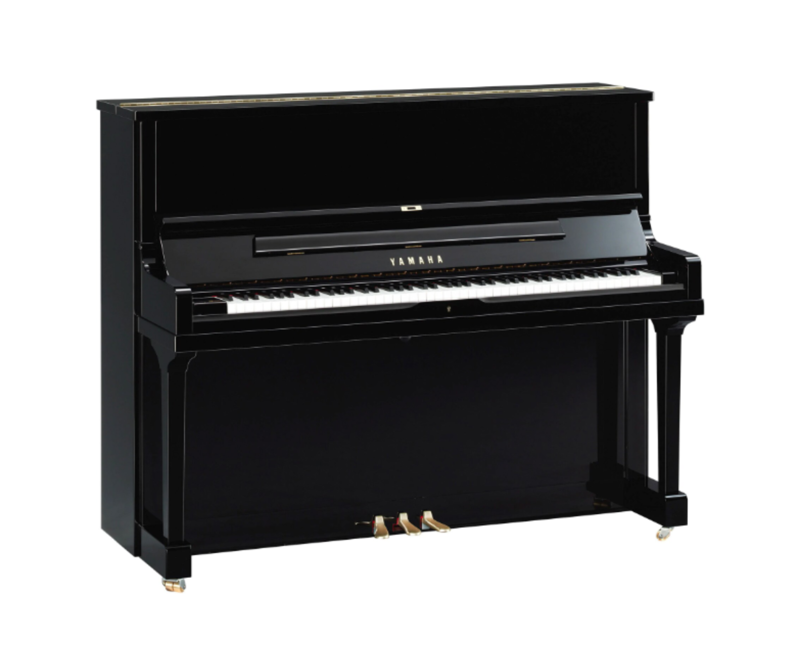 Yamaha SE122 buffetpiano in zwart hoogglans, compact model met verfijnde detailafwerking, klavier en messing pedalen in beeld bij Piano's Verhulst in Poperinge
