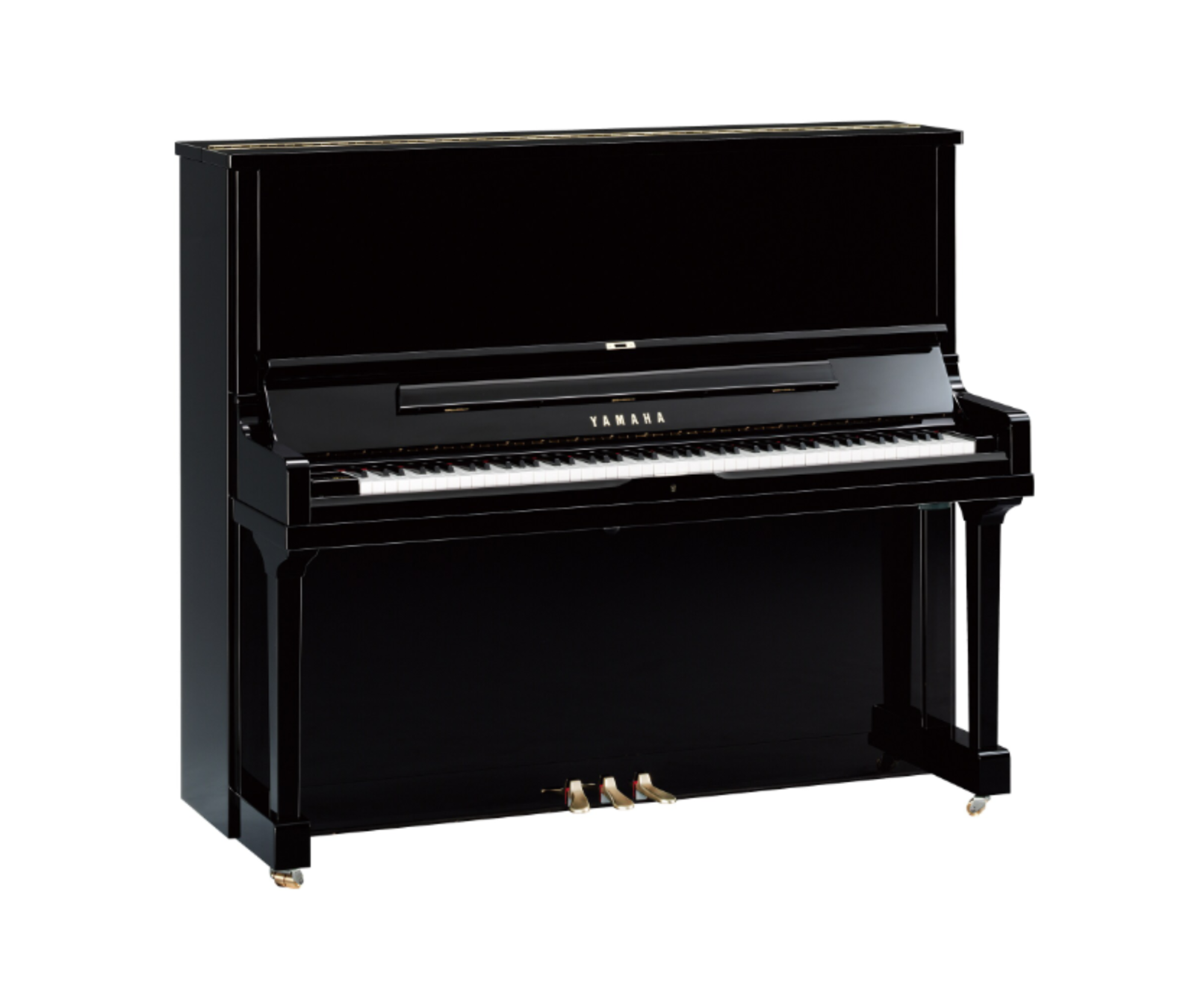 Yamaha SE132 buffetpiano, 132 cm hoge klankkast in zwart hoogglans, driekwart zicht op klavier en messing pedalen bij Piano's Verhulst in Poperinge