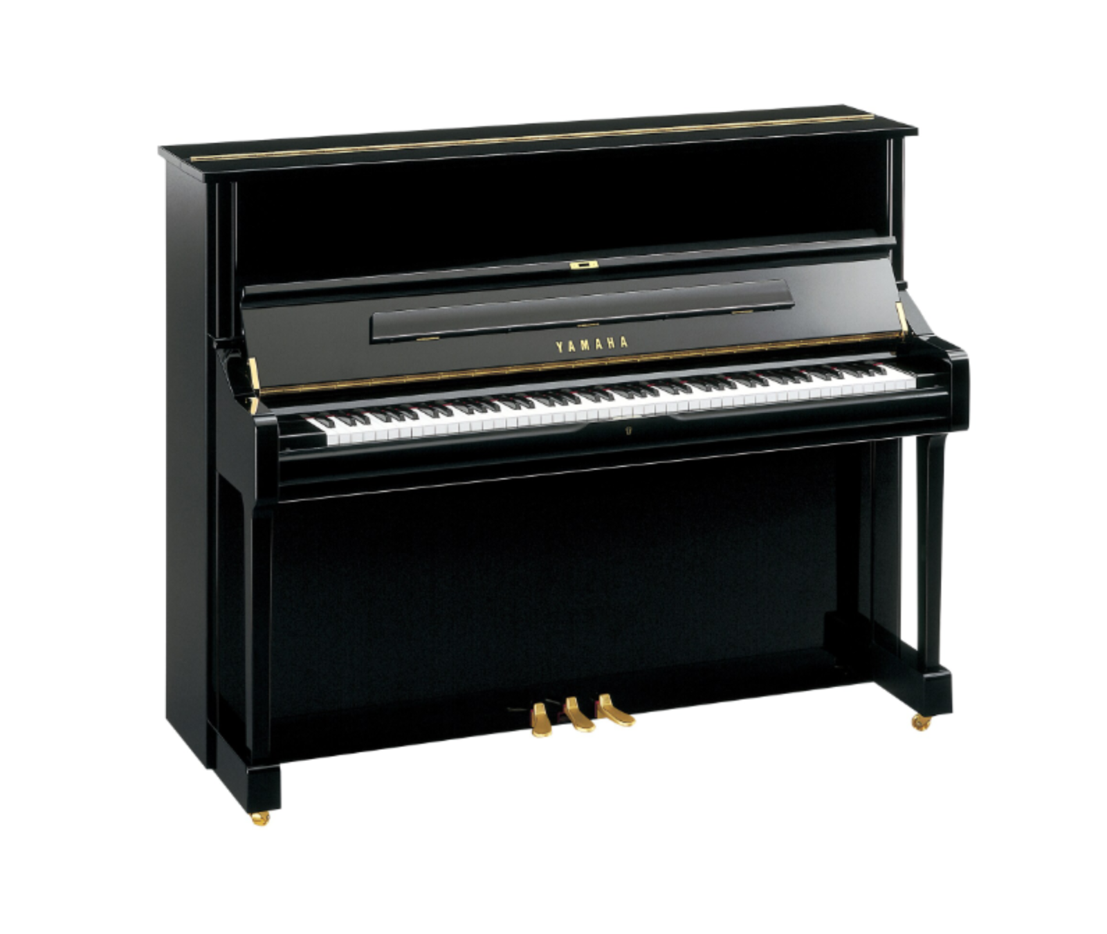 Yamaha U1 buffetpiano in zwart hoogglans met messing pedalen en beslag, driekwart zicht op klavier, akoestische piano bij Piano's Verhulst in Poperinge