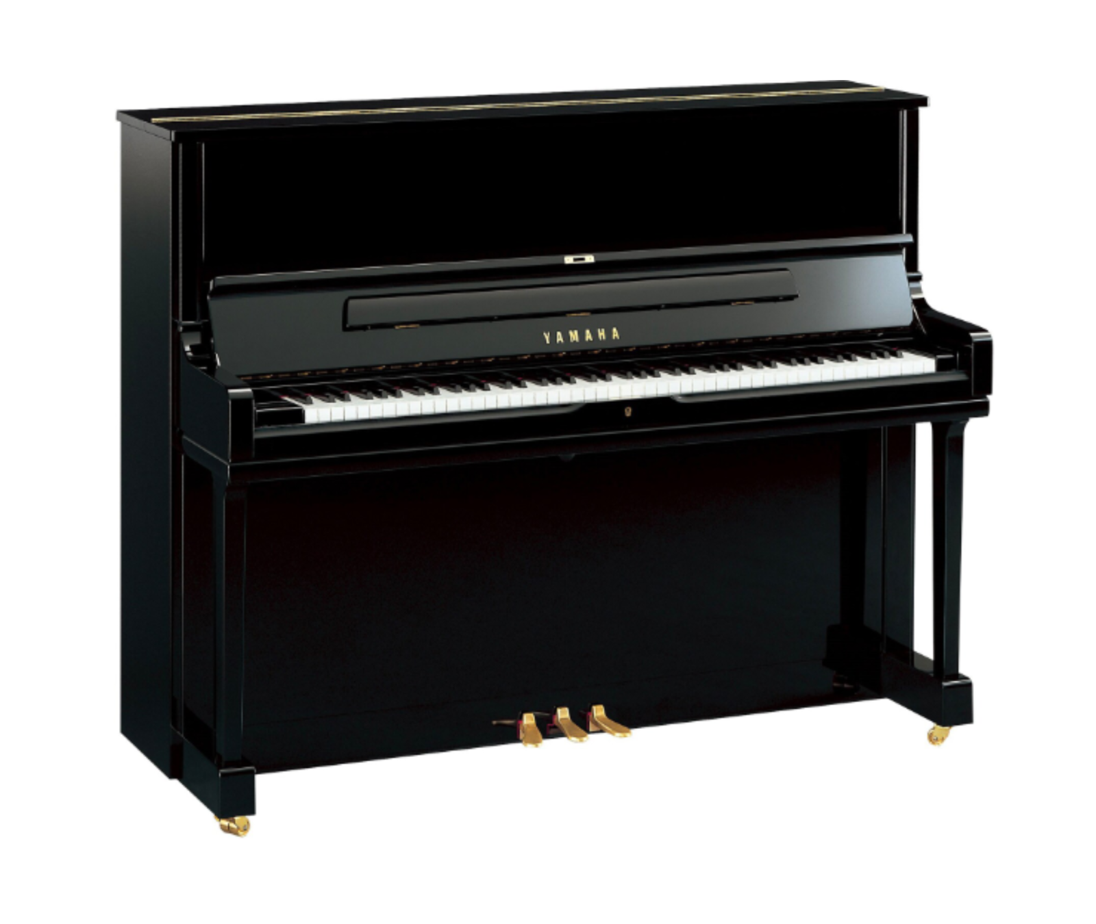 Yamaha YUS1 buffetpiano in zwart hoogglans, frontaal zicht op klavier, pedalen en kastafwerking, premium akoestische piano bij Piano's Verhulst in Poperinge