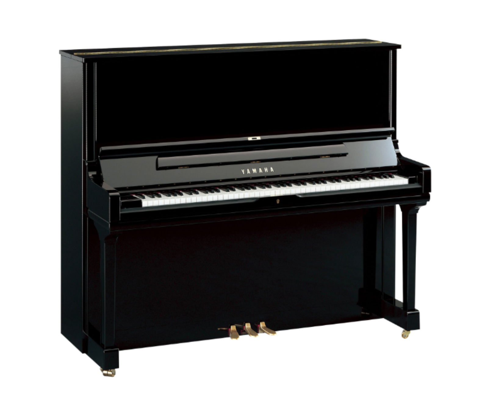 Yamaha YUS3 buffetpiano met klankkast van 131 cm in zwart hoogglans, driekwart aanzicht met messing pedalen, topmodel akoestische piano bij Piano's Verhulst in Poperinge