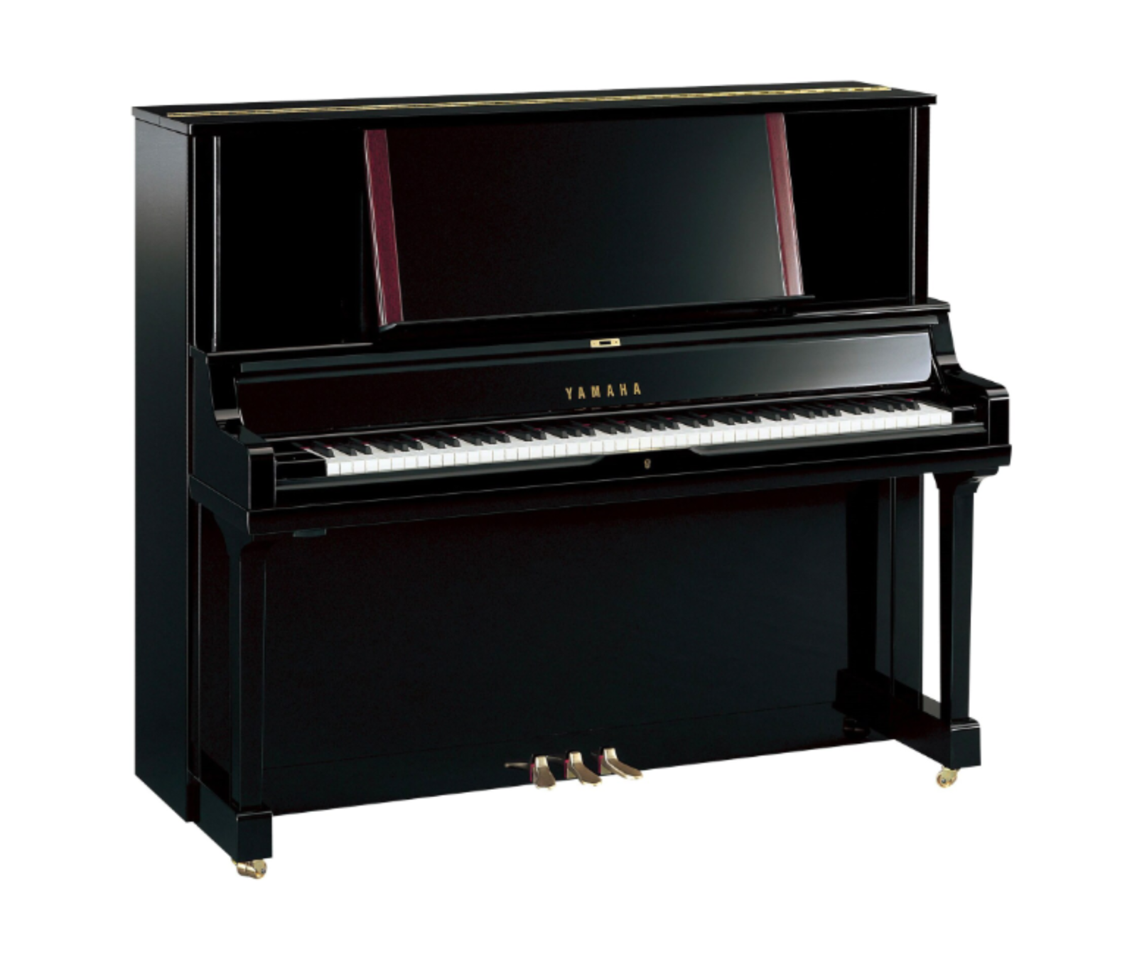 Yamaha YUS5 buffetpiano, 131 cm hoge klankkast in zwart hoogglans, open notenlessenaar en klavier zichtbaar, grootste model uit de YUS-reeks bij Piano's Verhulst in Poperinge