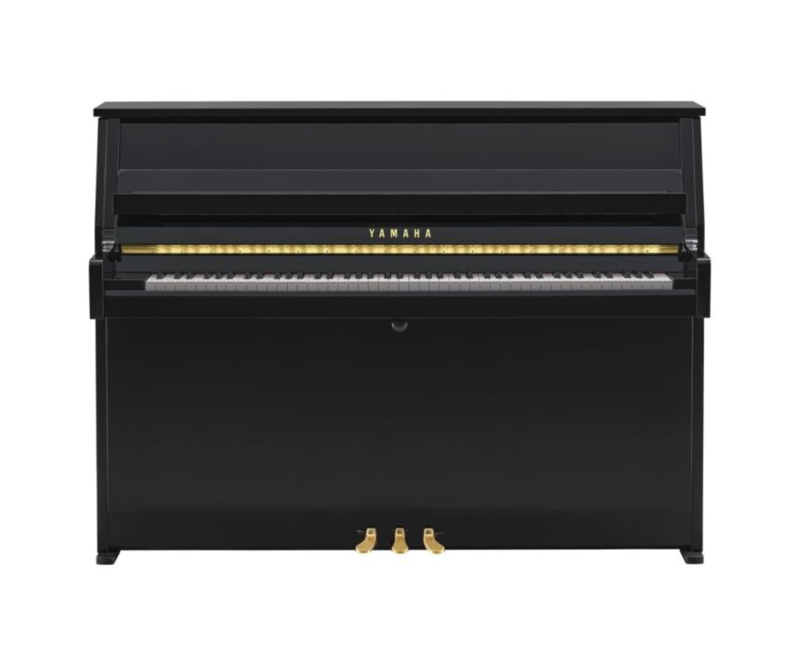 Yamaha B10 akoestische buffetpiano in zwart hoogglans, recht vooraanzicht met klavier en messing pedalen in beeld, beschikbaar bij Piano's Verhulst in Poperinge