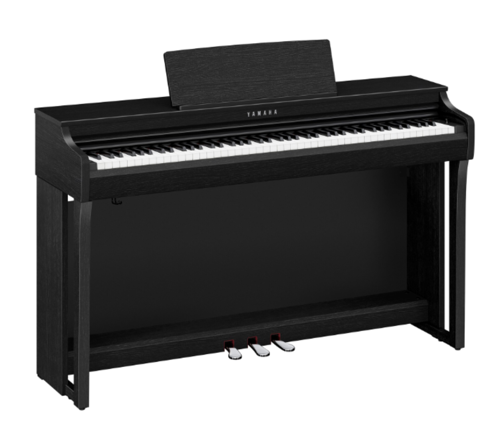 Yamaha CLP-825 in Satin Black, driekwart vooraanzicht met houtnerf zichtbaar in de matte zwarte laag