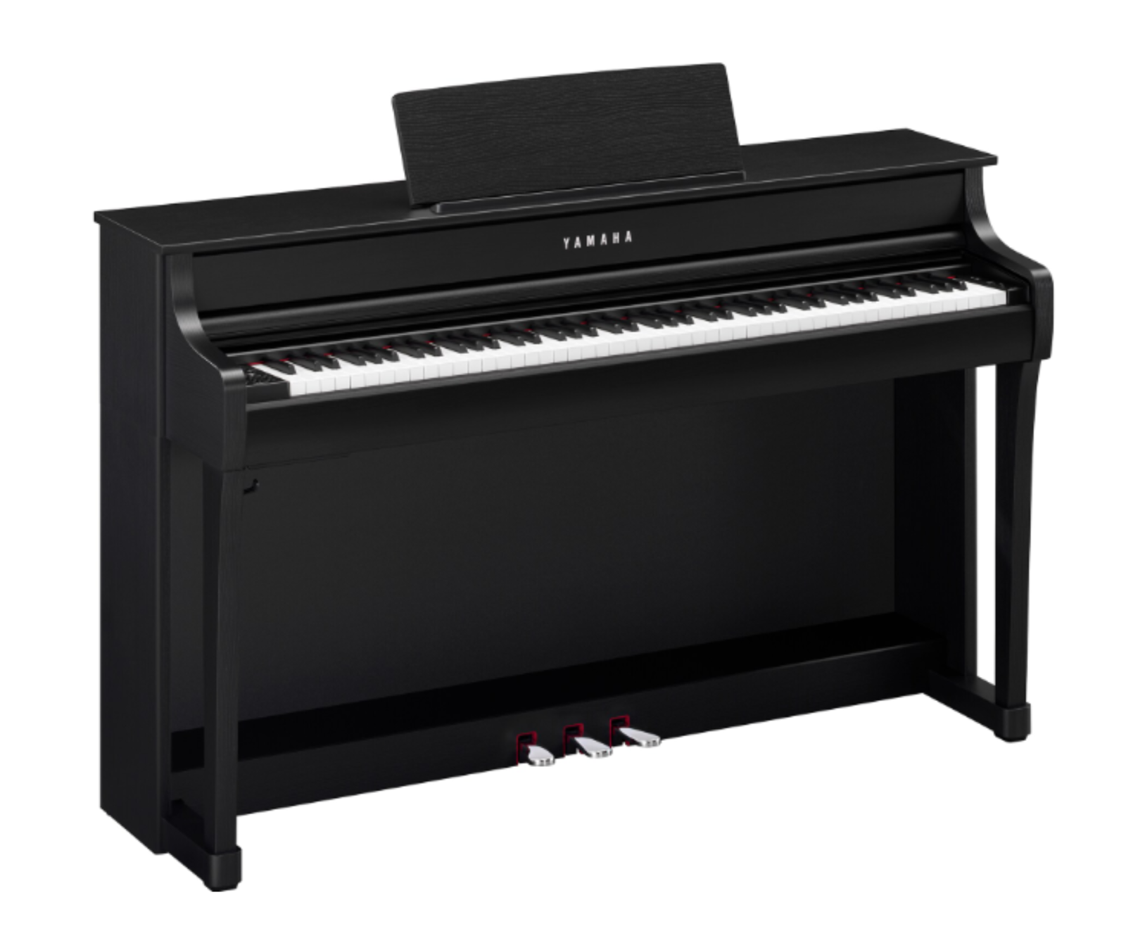 Yamaha CLP-835 in Satin Black, driekwart vooraanzicht met muziekstandaard rechtop en messing pedalen