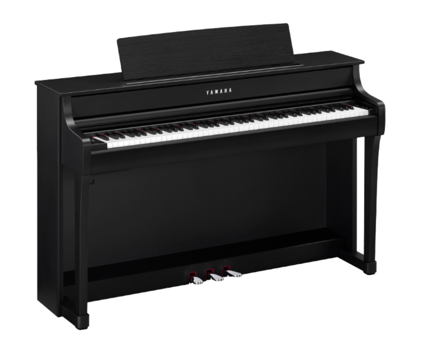 Yamaha CLP-845 in Satin Black, driekwart vooraanzicht met opengeklapte muziekstandaard en messing pedalen