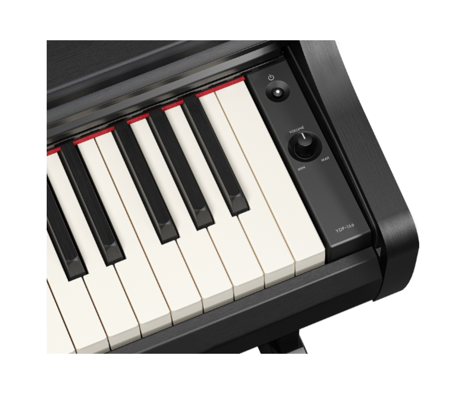 Close-up van het volumewiel en de aan/uit-knop op de Yamaha YDP-166, met modelnaam zichtbaar op het paneel