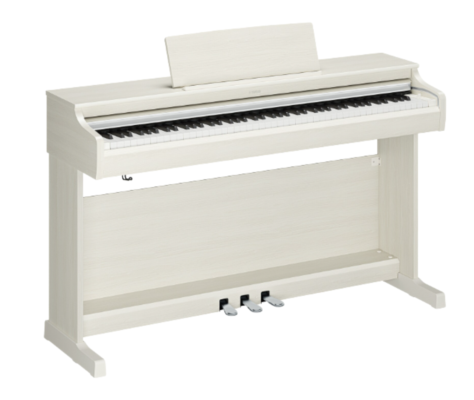Yamaha Arius YDP-166 in mat wit, driekwart vooraanzicht met rechte pootconstructie en chrome pedalen