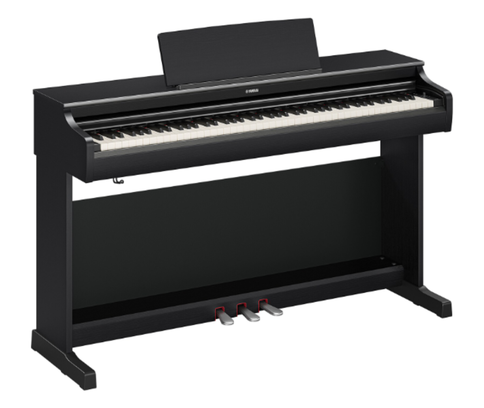 Yamaha Arius YDP-166 in Satin Black, driekwart vooraanzicht met rechte pootconstructie en messing pedalen