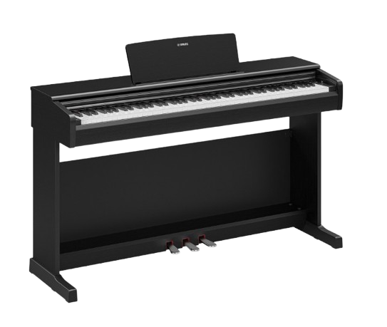 Yamaha Arius YDP-146 in satin black, digitale piano met compacte kast en klassieke pootconstructie, beschikbaar bij Piano's Verhulst in Poperinge
