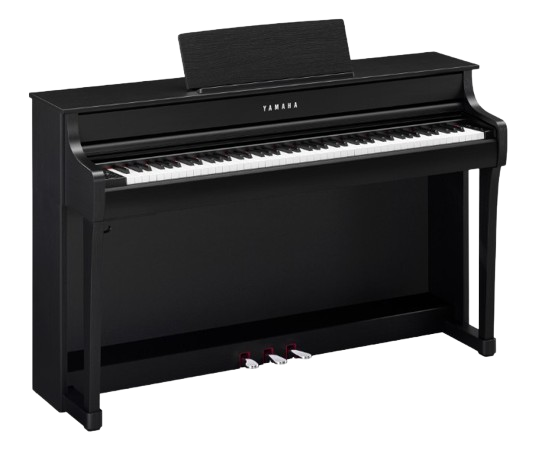 Yamaha Clavinova CLP-835 in satin black, digitale piano met matte zwarte afwerking en muziekstandaard rechtop, getoond bij Piano's Verhulst